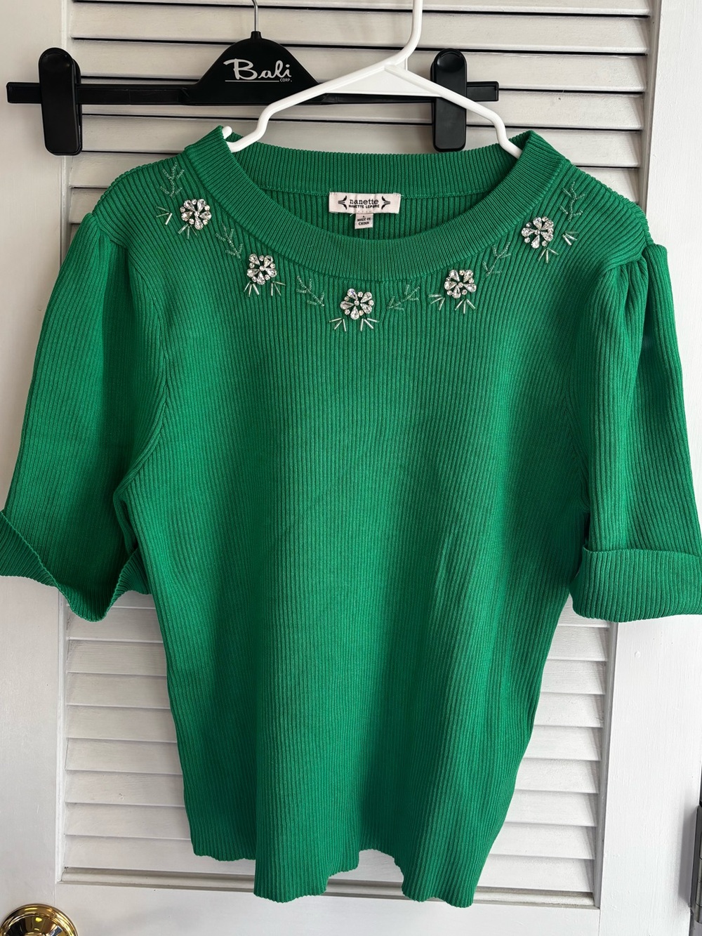 Nanette Lepore Green Embellished Crewneck Top